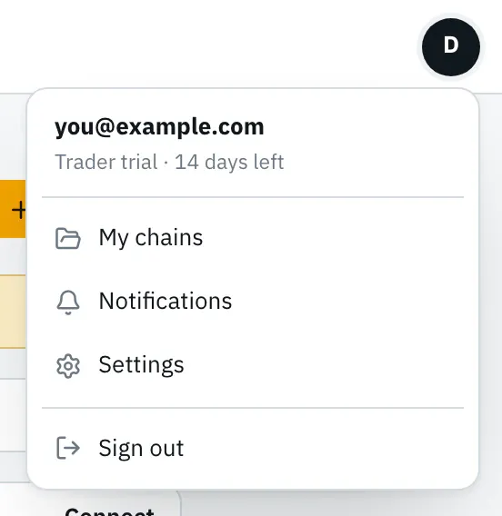 Account menu with the address, “Trader trial · 14 days left” and the entries My chains, Notifications, Settings and Sign out.