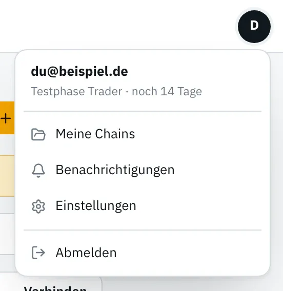 Kontomenü mit der Adresse, „Testphase Trader · noch 14 Tage“ und den Einträgen Meine Chains, Benachrichtigungen, Einstellungen und Abmelden.