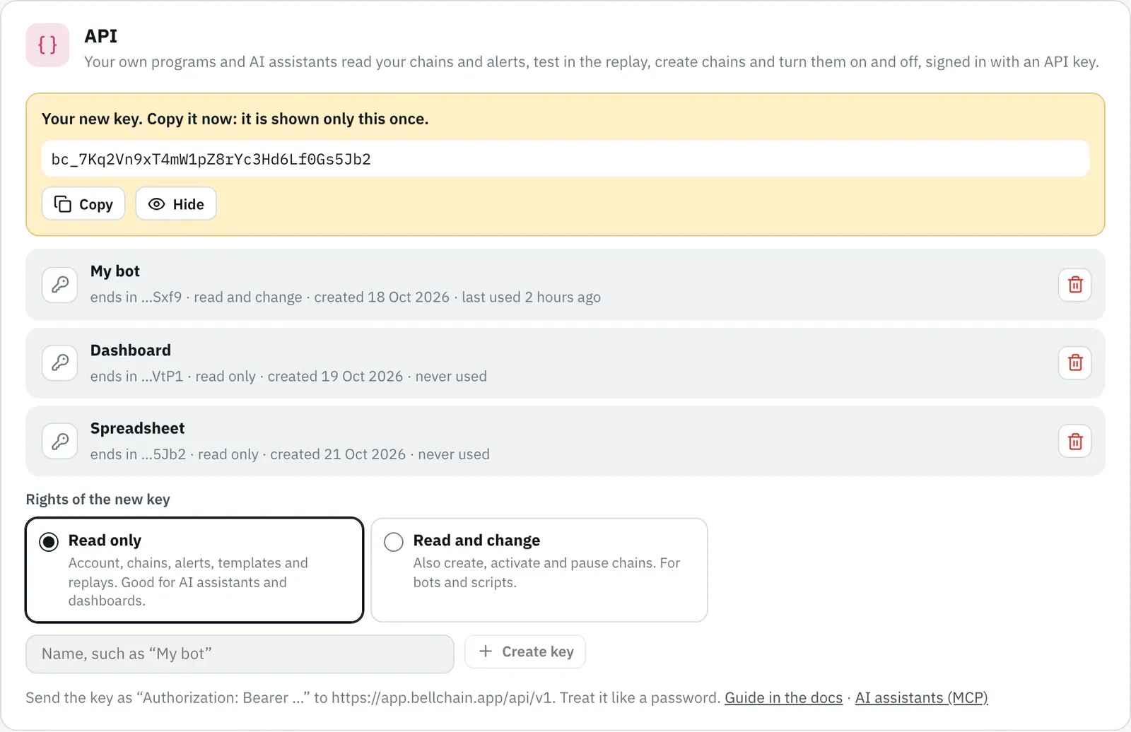The “API” card in the settings: the key just created at the top with “Copy” and “Hide”, below it “My bot” (read and change, last used 2 hours ago), “Dashboard” and the new “Spreadsheet” (both read only, never used), then the choice “Read only” or “Read and change” and the field for another key.