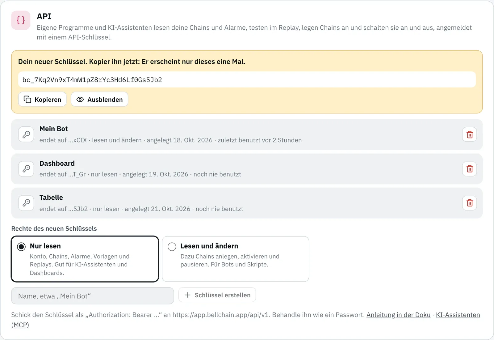 Karte „API“ in den Einstellungen: oben der gerade angelegte Schlüssel mit „Kopieren“ und „Ausblenden“, darunter „Mein Bot“ (lesen und ändern, zuletzt vor 2 Stunden benutzt), „Dashboard“ und der neue „Tabelle“ (beide nur lesen, noch nie benutzt), darunter die Wahl „Nur lesen“ oder „Lesen und ändern“ und das Feld für einen weiteren Schlüssel.