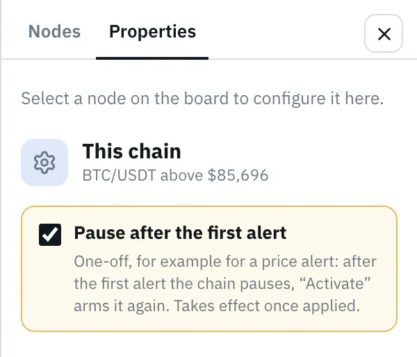 The “Properties” panel in the editor with no node selected: under “This chain”, “Pause after the first alert” is checked, with a short explanation.