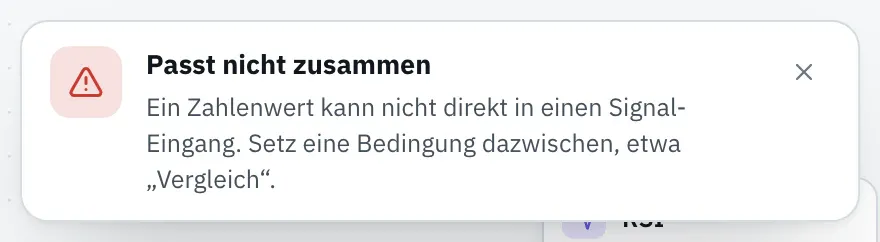 Meldung „Passt nicht zusammen: Ein Zahlenwert kann nicht direkt in einen Signal-Eingang. Setz eine Bedingung dazwischen, etwa „Vergleich“.“