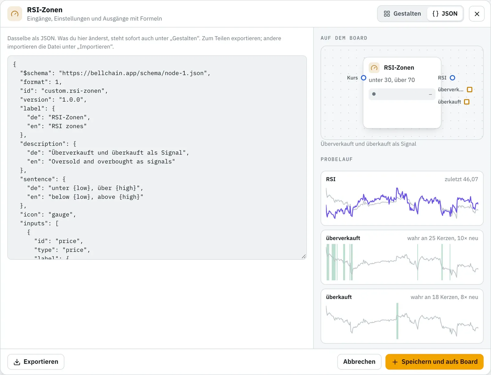 Derselbe Baustein im Reiter JSON: Kennung, Version, Namen, Eingänge, Einstellungen und Ausgänge mit Formeln