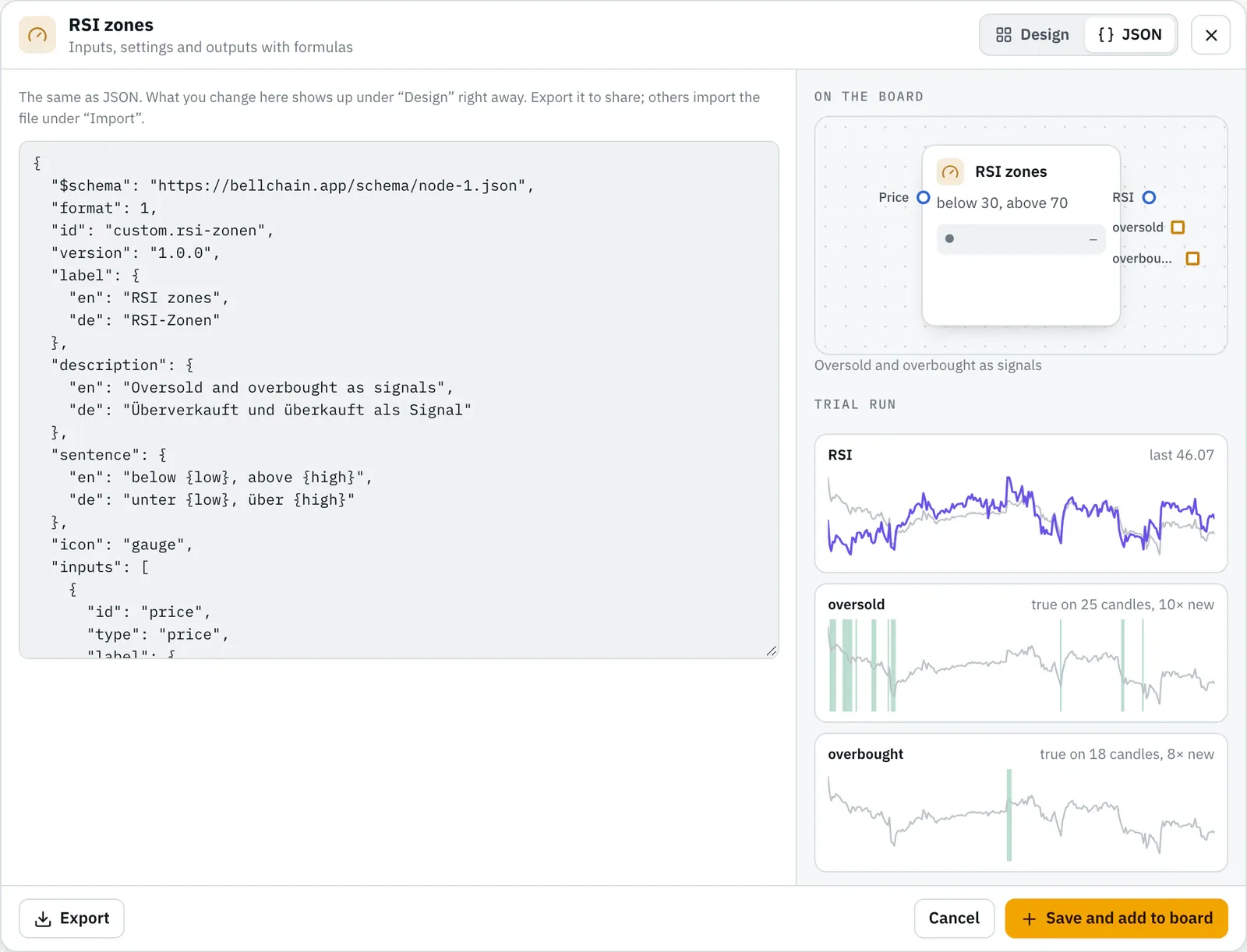 The same node in the JSON tab: id, version, names, inputs, settings and outputs with formulas