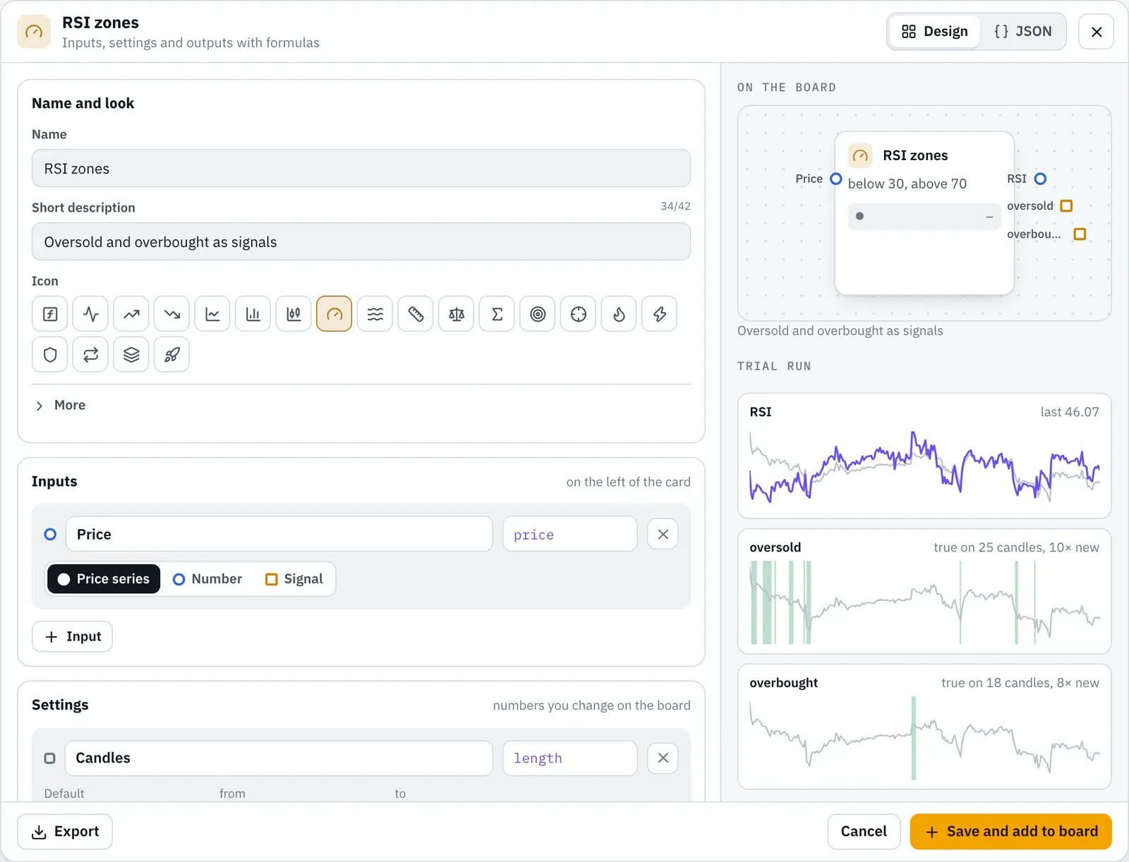 The dialog New node with the example RSI zones: name, short description, icon, input Price, setting Candles, on the right the card on the board and the trial run with RSI, oversold and overbought