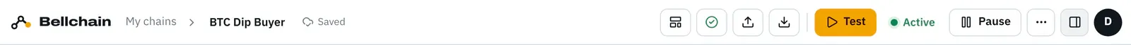 Top bar of an active chain with “Saved”, the state “Active” and the button “Pause”.