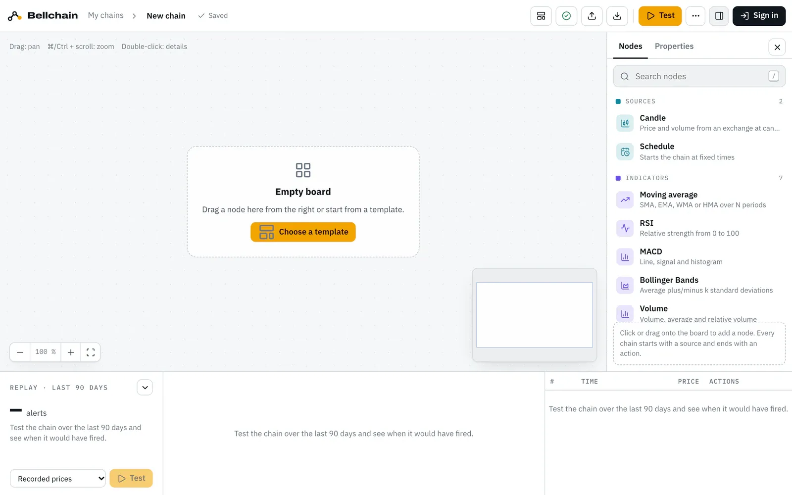 Empty board with the hint “Drag a node here from the right or start from a template.” and the button “Choose a template”.