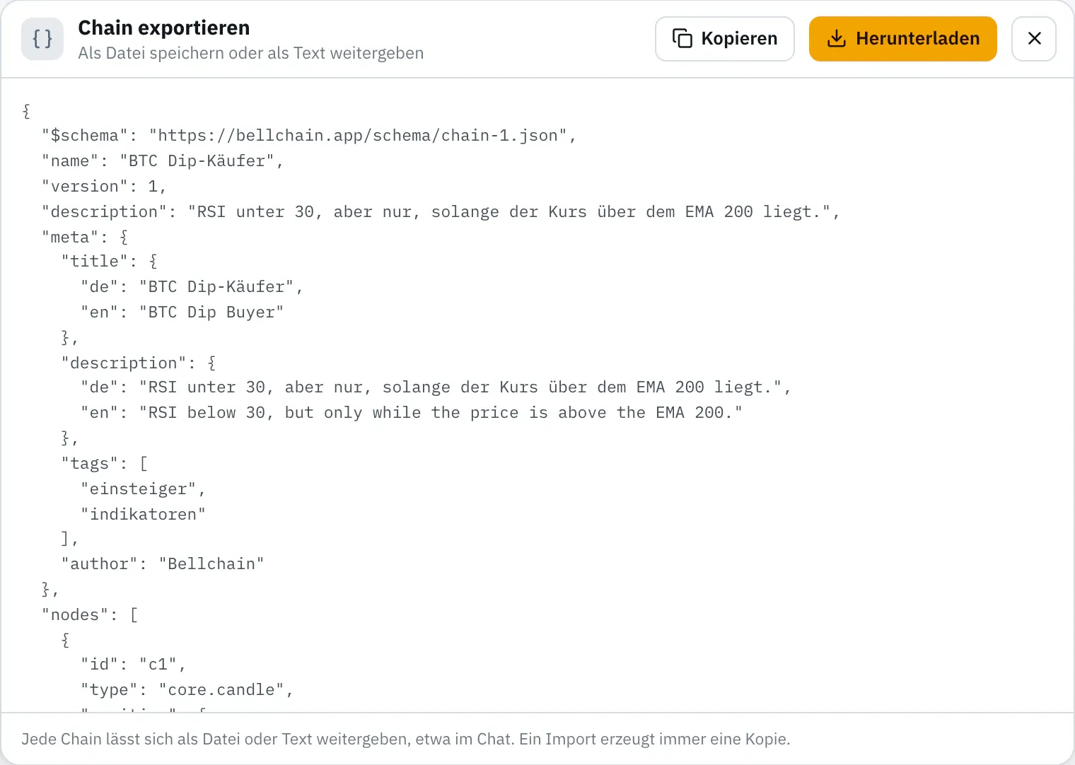 Dialog „Chain exportieren“ mit dem JSON der Chain und den Knöpfen „Herunterladen“ und „Kopieren“.