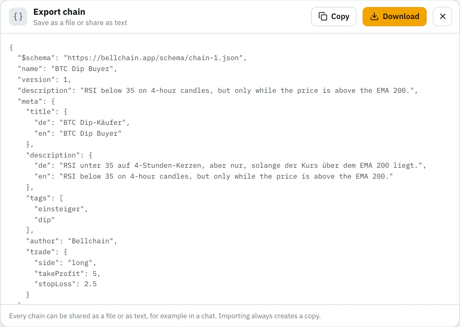 The dialog Export chain with the buttons Download and Copy