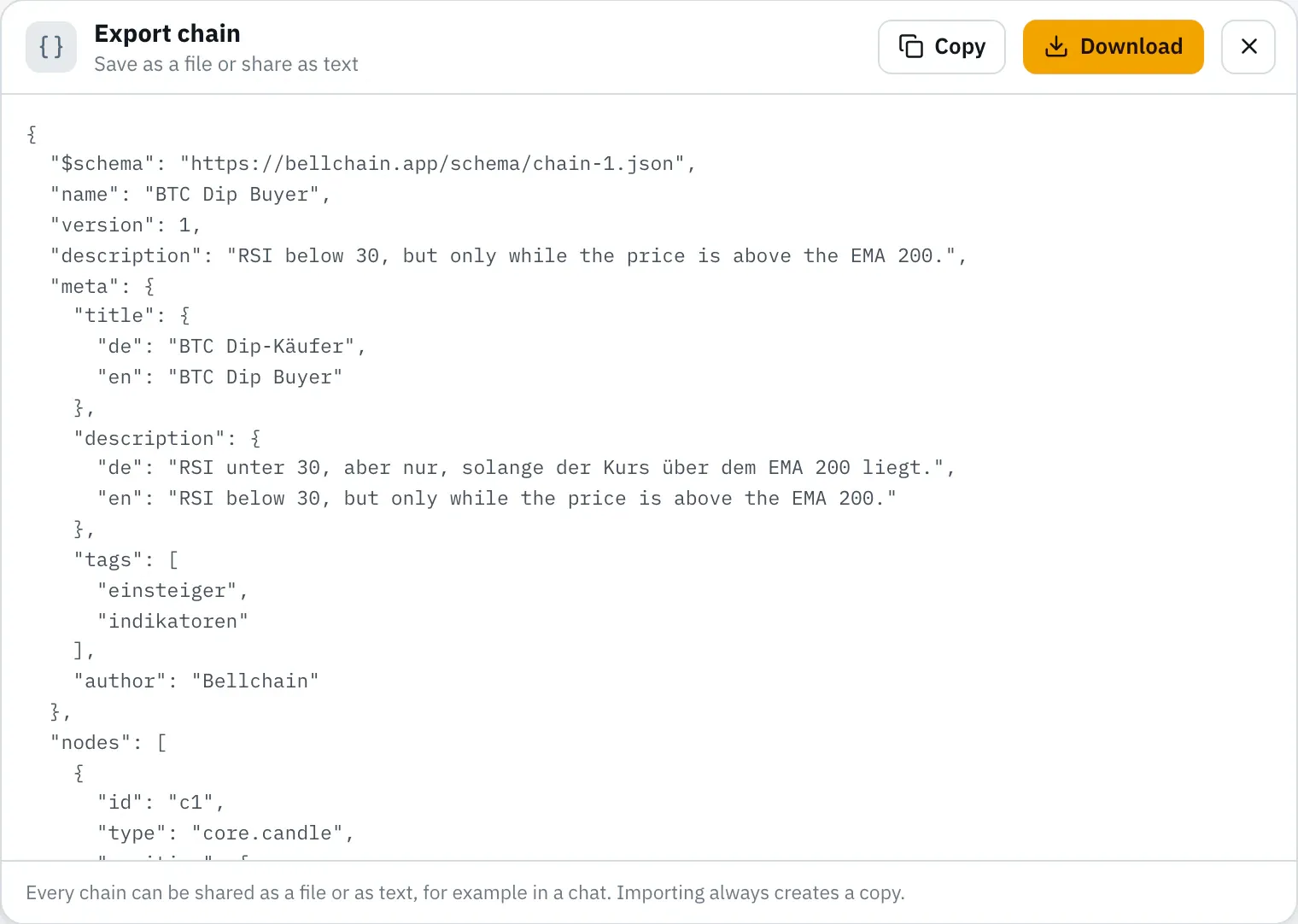 Dialog “Export chain” showing the chain’s JSON with the buttons “Download” and “Copy”.