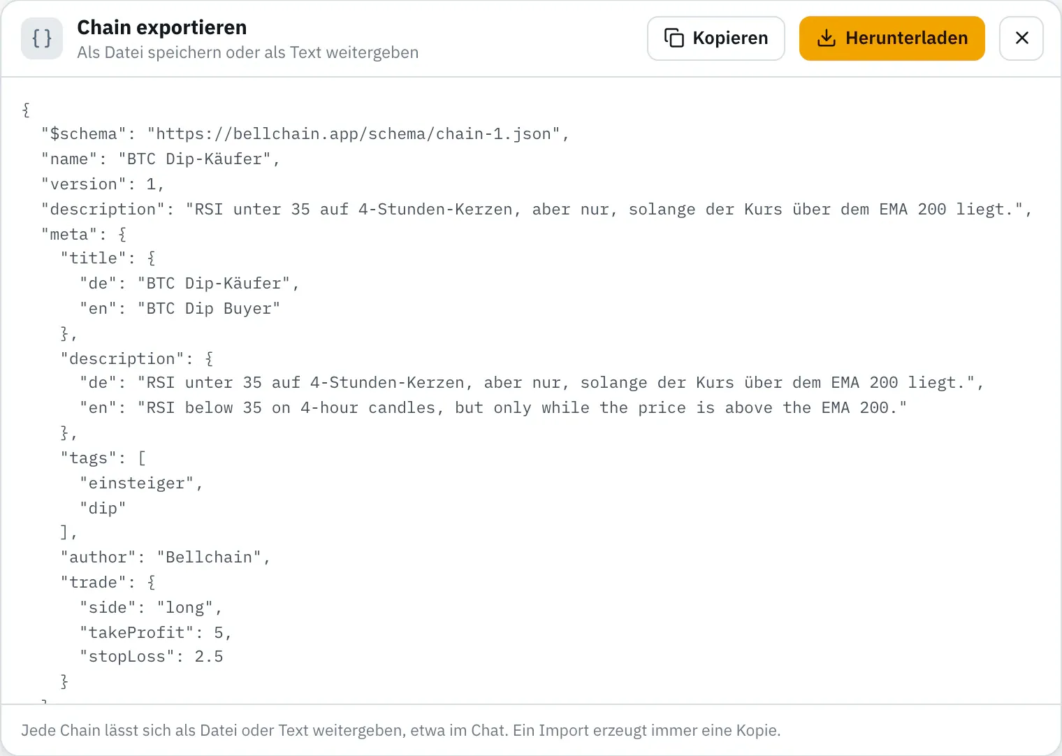 Der Dialog Chain exportieren mit den Knöpfen Herunterladen und Kopieren
