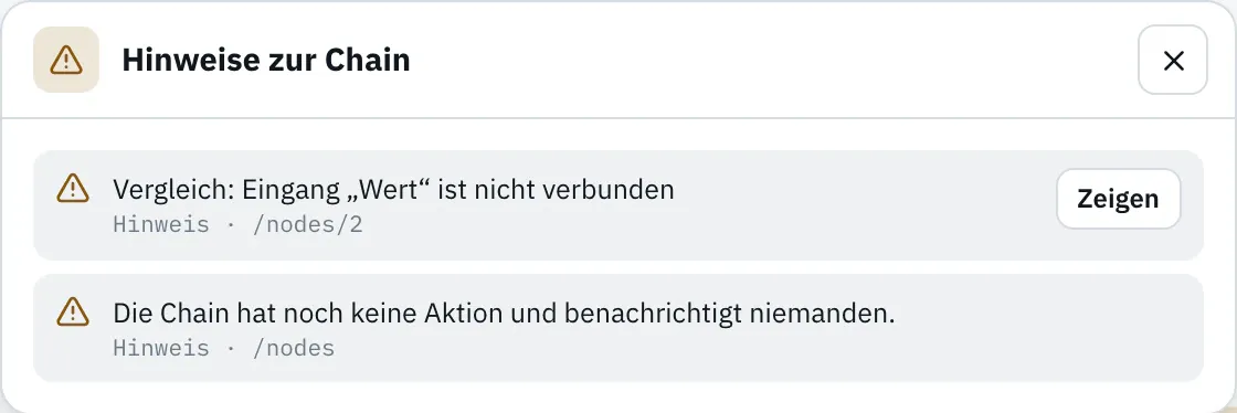 Dialog „Hinweise zur Chain“ mit zwei Einträgen: „Vergleich: Eingang „Wert“ ist nicht verbunden“ und „Die Chain hat noch keine Aktion und benachrichtigt niemanden“.