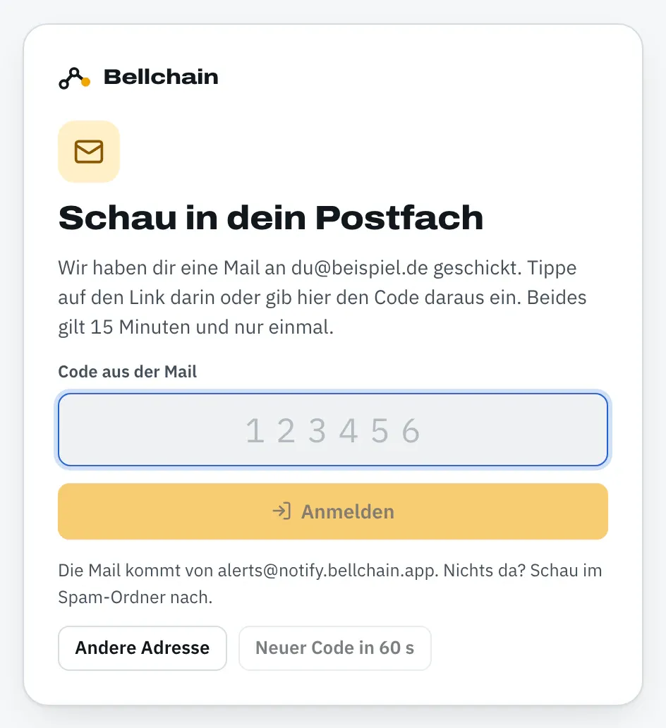 Seite „Schau in dein Postfach“: Die Mail ging an du@beispiel.de, darunter das Feld „Code aus der Mail“ und der Knopf „Anmelden“.