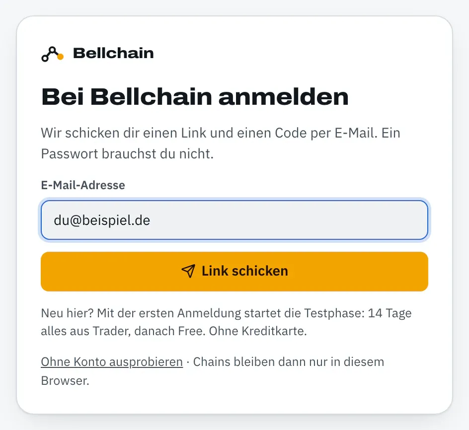 Seite „Bei Bellchain anmelden“ mit dem Feld „E-Mail-Adresse“, dem Knopf „Link schicken“ und dem Hinweis auf die Testphase.