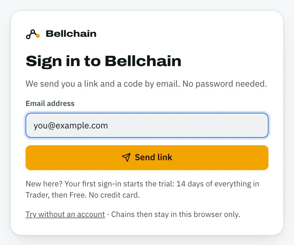 Page “Sign in to Bellchain” with the field “Email address”, the button “Send link” and a note about the trial.
