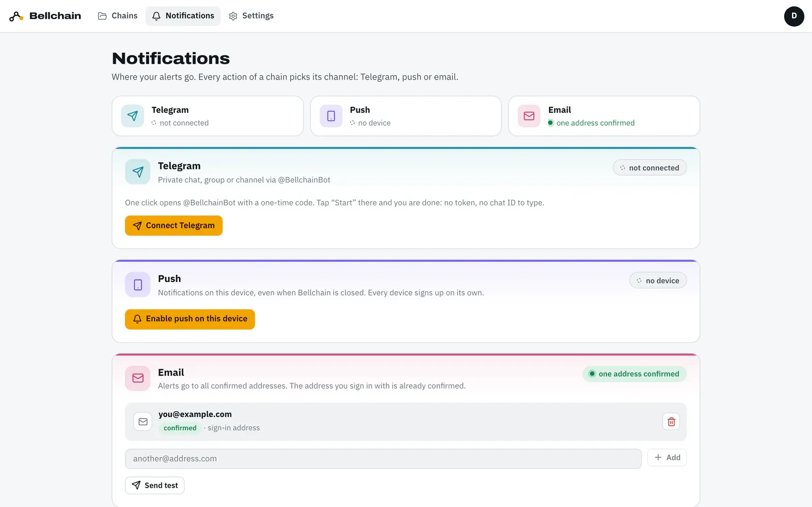 Page “Notifications” with an overview of the three channels and three cards: Telegram “not connected” with the button “Connect Telegram”, Push “no device” with “Enable push on this device” and Email “one address confirmed” with the sign-in address, a field for more addresses and “Send test”.