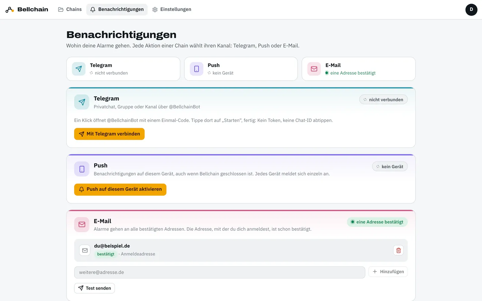 Seite „Benachrichtigungen“ mit einer Übersicht der drei Kanäle und drei Karten: Telegram „nicht verbunden“ mit dem Knopf „Mit Telegram verbinden“, Push „kein Gerät“ mit „Push auf diesem Gerät aktivieren“ und E-Mail „eine Adresse bestätigt“ mit der Anmeldeadresse, einem Feld für weitere Adressen und „Test senden“.