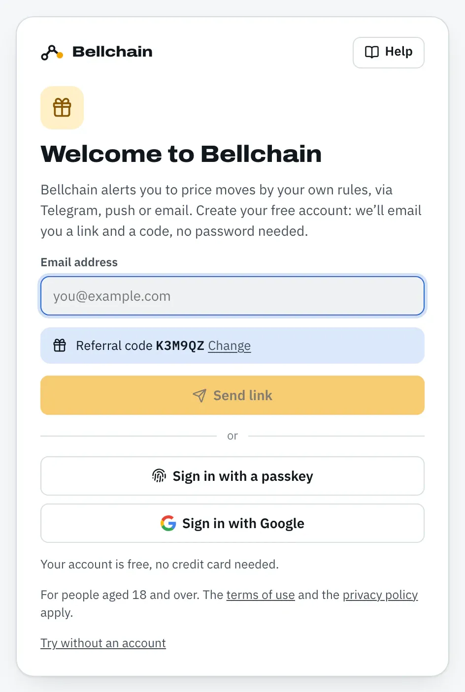 Sign-up page “Welcome to Bellchain” with the field “Email address”, below it “Referral code K3M9QZ” with “Change”, the button “Send link”, “Sign in with a passkey” and “Sign in with Google”.