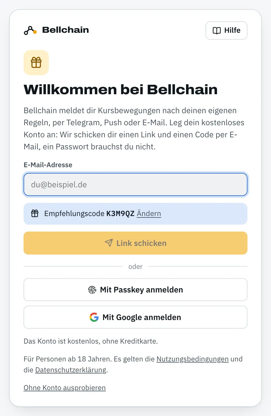 Anmeldeseite „Willkommen bei Bellchain“ mit dem Feld „E-Mail-Adresse“, darunter „Empfehlungscode K3M9QZ“ mit „Ändern“, dem Knopf „Link schicken“, „Mit Passkey anmelden“ und „Mit Google anmelden“.