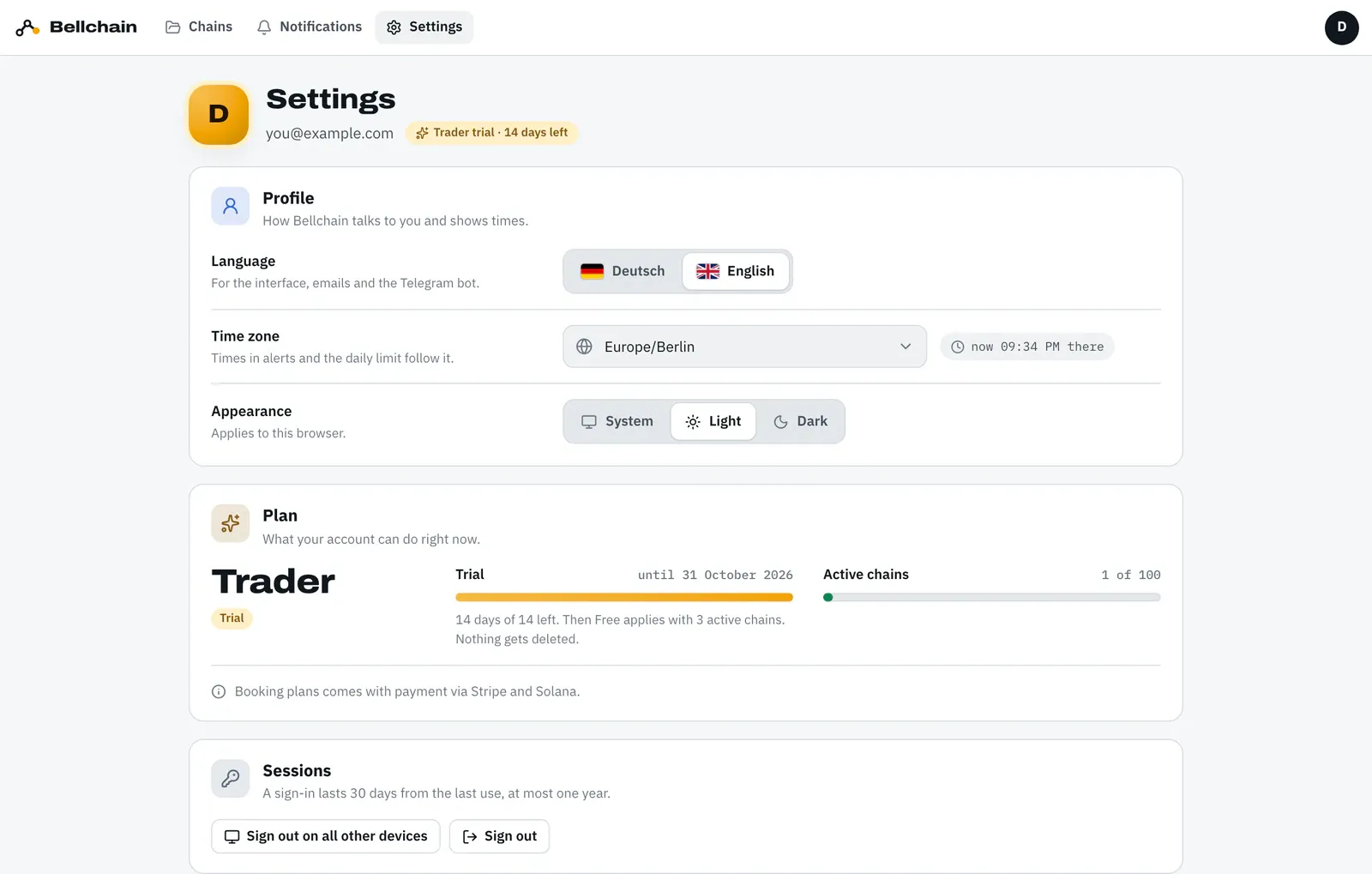 Page “Settings” with the address and “Trader trial · 14 days left”, then the sections Profile (language English, time zone Europe/Berlin with the time there, appearance Light), Plan (Trader on trial until 31 October 2026, 1 of 100 chains active) and Sessions.