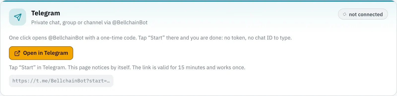 Telegram card with the button “Open in Telegram”, the hint “Tap “Start” in Telegram. This page notices by itself. The link is valid for 15 minutes and works once.” and the link to the bot.