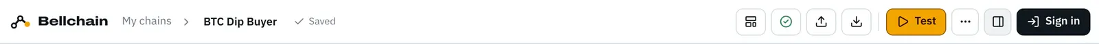Editor top bar with “My chains”, the chain name, “Saved”, the icons for templates, check, import and export, “Test”, the “…” menu, the icon for the node panel and “Sign in”.